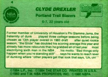1985 Star Gatorade Slam Dunk Clyde Drexler #4 card back image