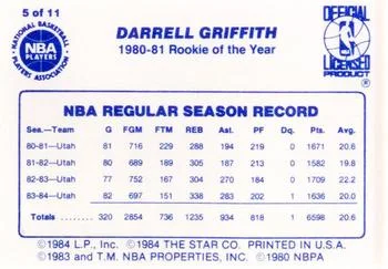 1985 Star Last 11 ROY Darrell Griffith #5 card back image
