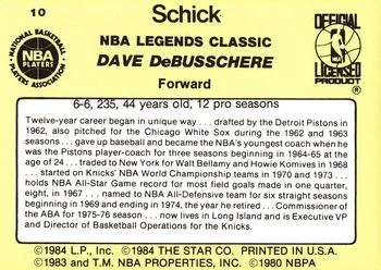 1985 Star Schick Legends Dave DeBusschere #10 card back image