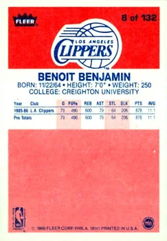1986-87 Fleer Benoit Benjamin #8 card back image