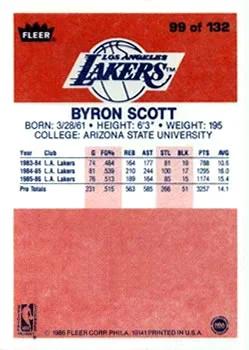 1986-87 Fleer Byron Scott #99 card back image