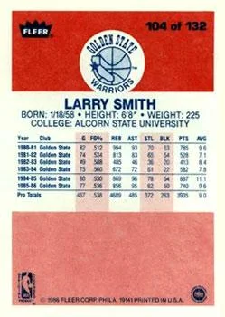 1986-87 Fleer Larry Smith #104 card back image