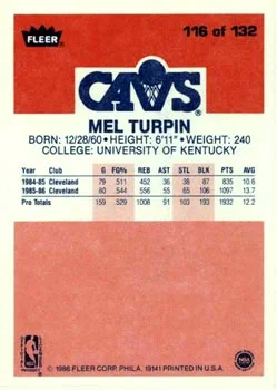 1986-87 Fleer Mel Turpin #116 card back image