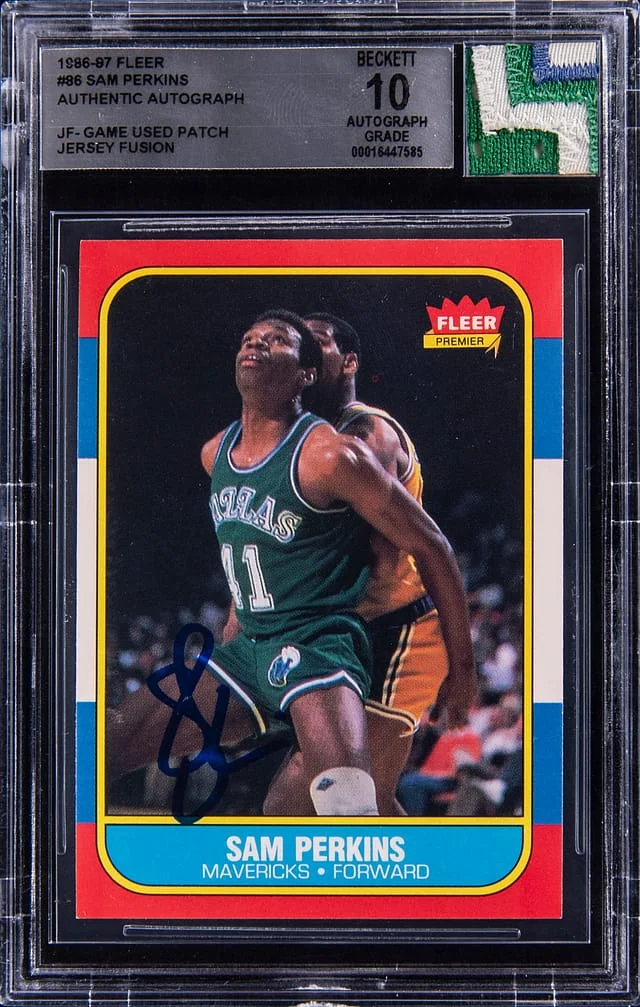 1986-87 Fleer Sam Perkins Game-Used Jersey Fusion #86 card image