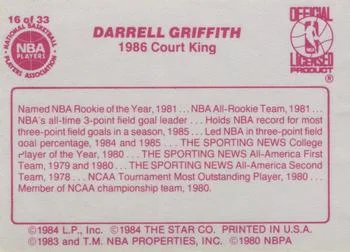 1986 Star Court Kings Darrell Griffith #16 card back image