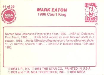 1986 Star Court Kings Mark Eaton #11 card back image