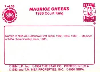1986 Star Court Kings Maurice Cheeks #7 card back image