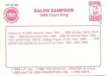 1986 Star Court Kings Ralph Sampson #27 card back image