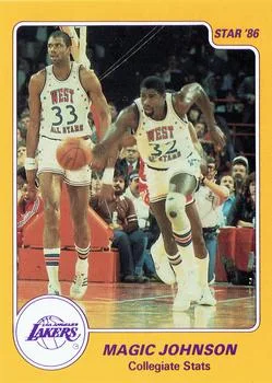 1986 Star Magic Johnson Magic Johnson / Collegiate Stats #2 card image