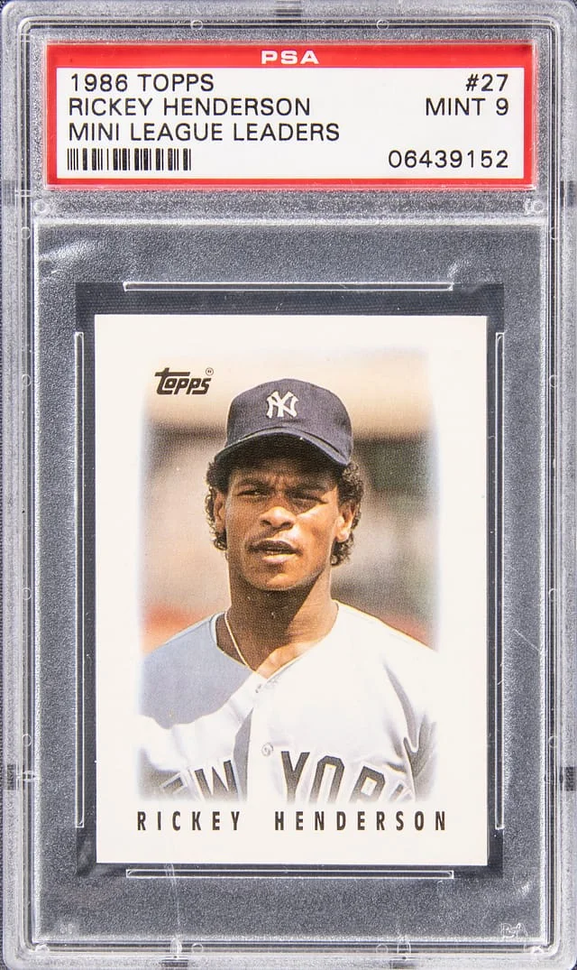 1986 Topps Mini Rickey Henderson League Leaders #27 card image