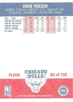1987-88 Fleer John Paxson #83 card back image