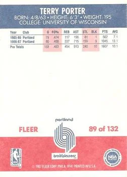 1987-88 Fleer Terry Porter #89 card back image