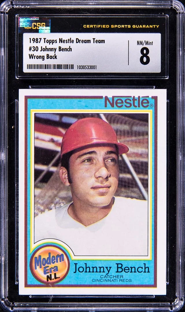 1987 Topps Johnny Bench Nestle Dream Team Wrong Back (Babe Ruth Shows) #30 card image