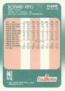 1988-89 Fleer Bernard King #116 card back image