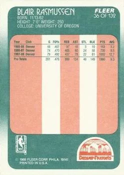 1988-89 Fleer Blair Rasmussen #36 card back image