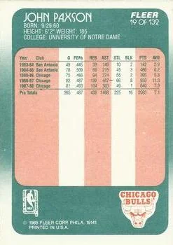 1988-89 Fleer John Paxson #19 card back image