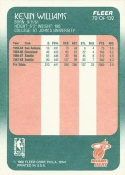 1988-89 Fleer Kevin Williams #72 card back image