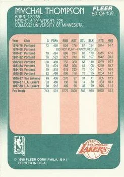 1988-89 Fleer Mychal Thompson #69 card back image