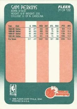 1988-89 Fleer Sam Perkins #31 card back image