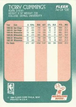1988-89 Fleer Terry Cummings #74 card back image