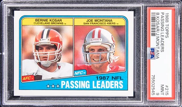 1988 Topps Bernie Kosar/Joe Montana Passing Leaders #215 card image