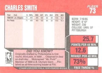 1989-90 Fleer Charles Smith RS #73 card back image