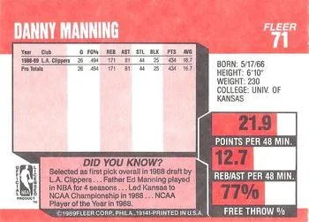 1989-90 Fleer Danny Manning #71 card back image