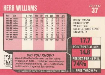 1989-90 Fleer Herb Williams #37 card back image