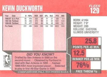 1989-90 Fleer Kevin Duckworth #129 card back image