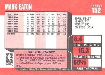 1989-90 Fleer Mark Eaton #152 card back image