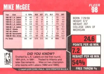 1989-90 Fleer Mike McGee #98 card back image