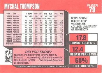 1989-90 Fleer Mychal Thompson #79 card back image