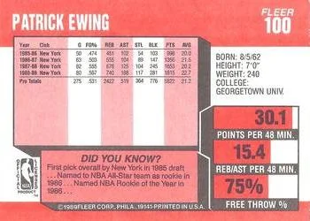 1989-90 Fleer Patrick Ewing #100 card back image