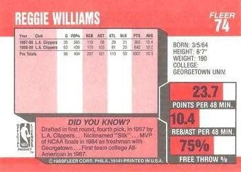 1989-90 Fleer Reggie Williams #74 card back image