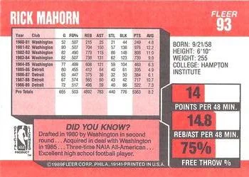 1989-90 Fleer Rick Mahorn #93 card back image