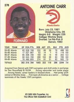 1989-90 Hoops Antoine Carr #278 card back image