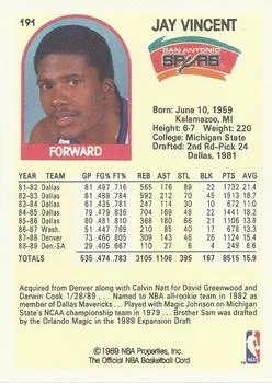 1989-90 Hoops Jay Vincent SP #191 card back image