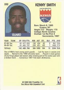 1989-90 Hoops Kenny Smith #232 card back image