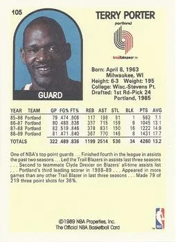 1989-90 Hoops Terry Porter #105 card back image