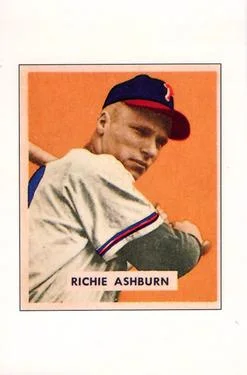 1989 Bowman Richie Ashburn 1949 Bowman #214 Reprint Sweepstakes #NNO card image