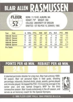 1990-91 Fleer Blair Rasmussen #52 card back image