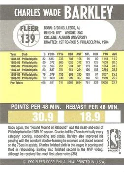 1990-91 Fleer Charles Barkley UER #139 card back image