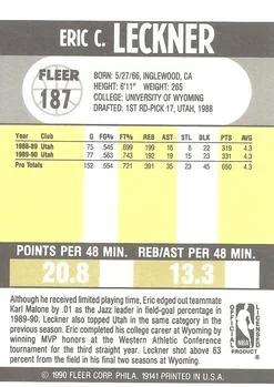 1990-91 Fleer Eric Leckner TR #187 card back image
