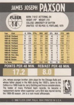 1990-91 Fleer Jim Paxson #14 card back image