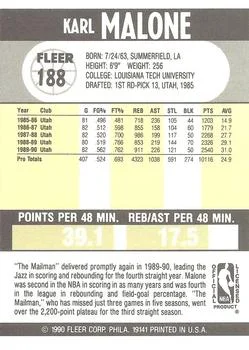 1990-91 Fleer Karl Malone #188 card back image