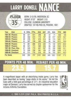 1990-91 Fleer Larry Nance #35 card back image