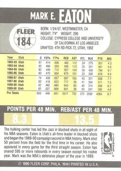 1990-91 Fleer Mark Eaton #184 card back image