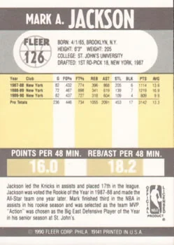 1990-91 Fleer Mark Jackson #126 card back image