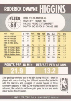 1990-91 Fleer Rod Higgins #64 card back image