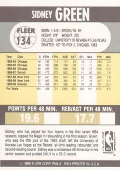 1990-91 Fleer Sidney Green #134 card back image